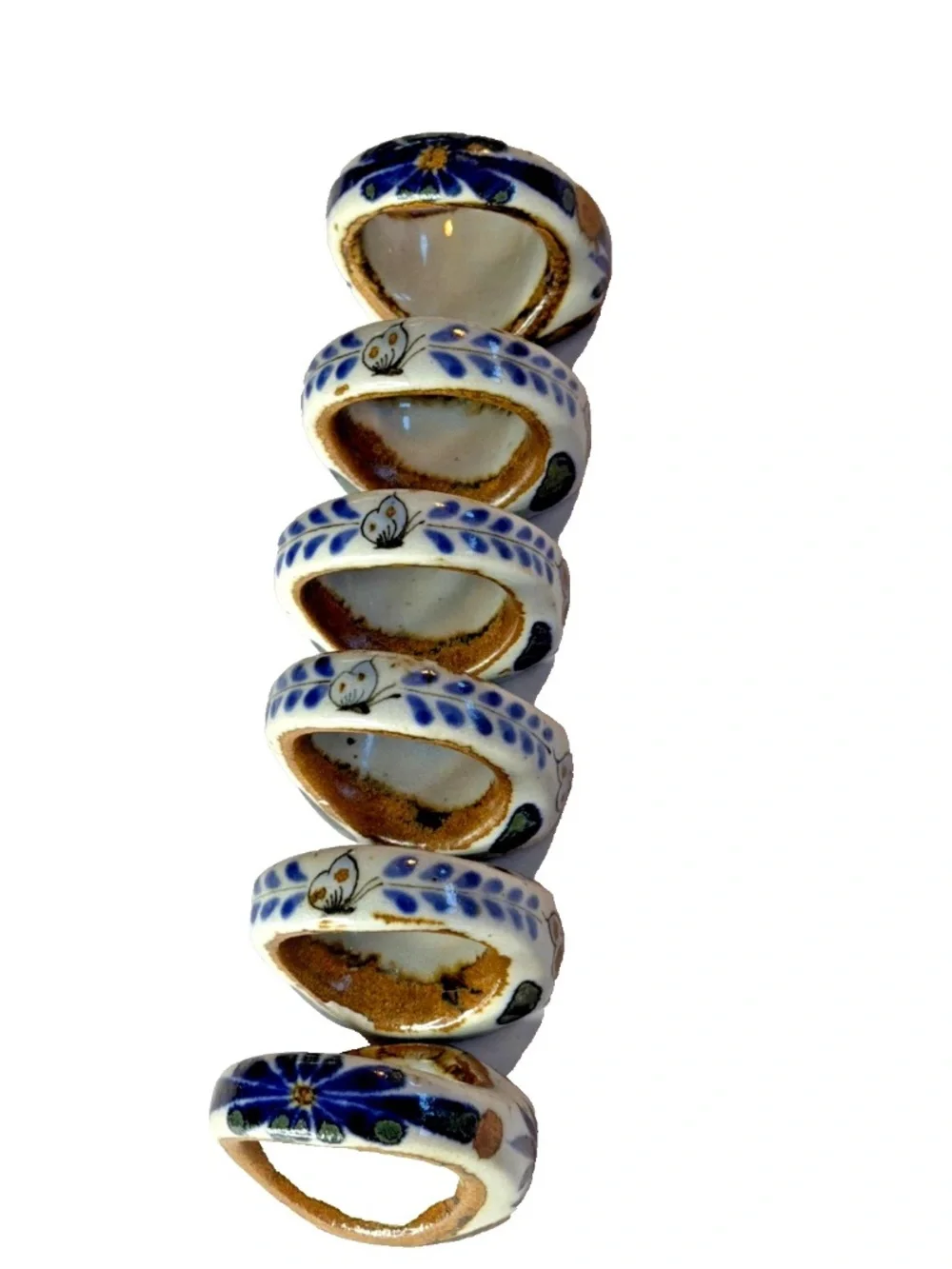 Vintage Ken Edwards Tonala Mexican Pottery Napkin Rings Set of 6 Signed KE